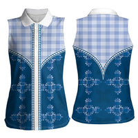 Blue Hawaii Paniolo Quilt Motif Women Sleeveless Polo Shirt