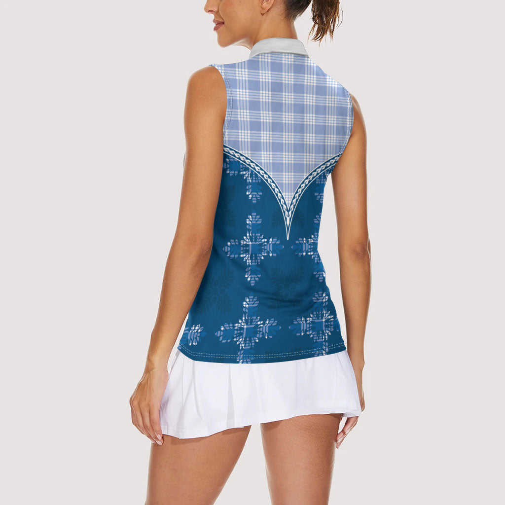 Blue Hawaii Paniolo Quilt Motif Women Sleeveless Polo Shirt