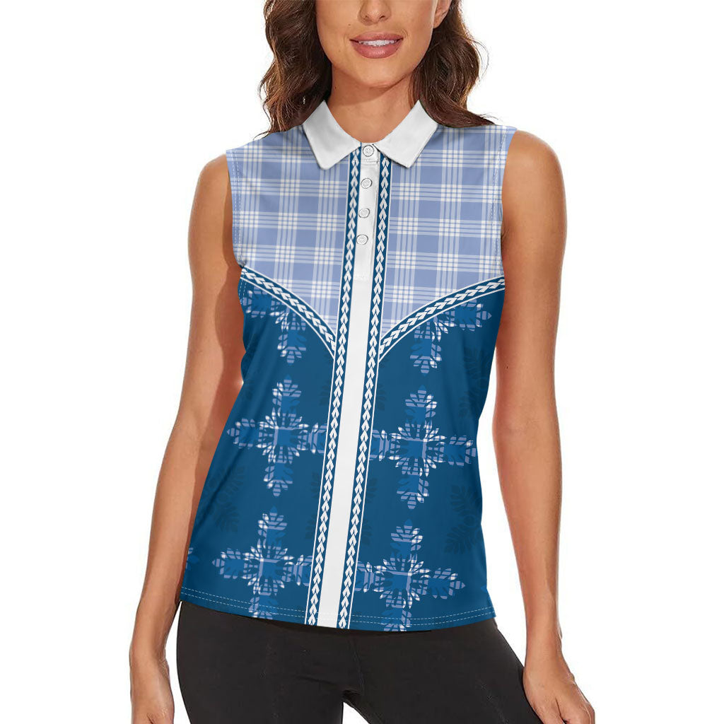Blue Hawaii Paniolo Quilt Motif Women Sleeveless Polo Shirt