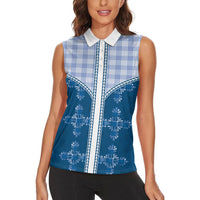 Blue Hawaii Paniolo Quilt Motif Women Sleeveless Polo Shirt