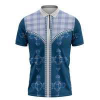 Blue Hawaii Paniolo Quilt Motif Zipper Polo Shirt