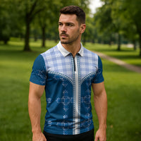 Blue Hawaii Paniolo Quilt Motif Zipper Polo Shirt