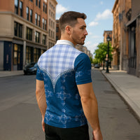 Blue Hawaii Paniolo Quilt Motif Zipper Polo Shirt