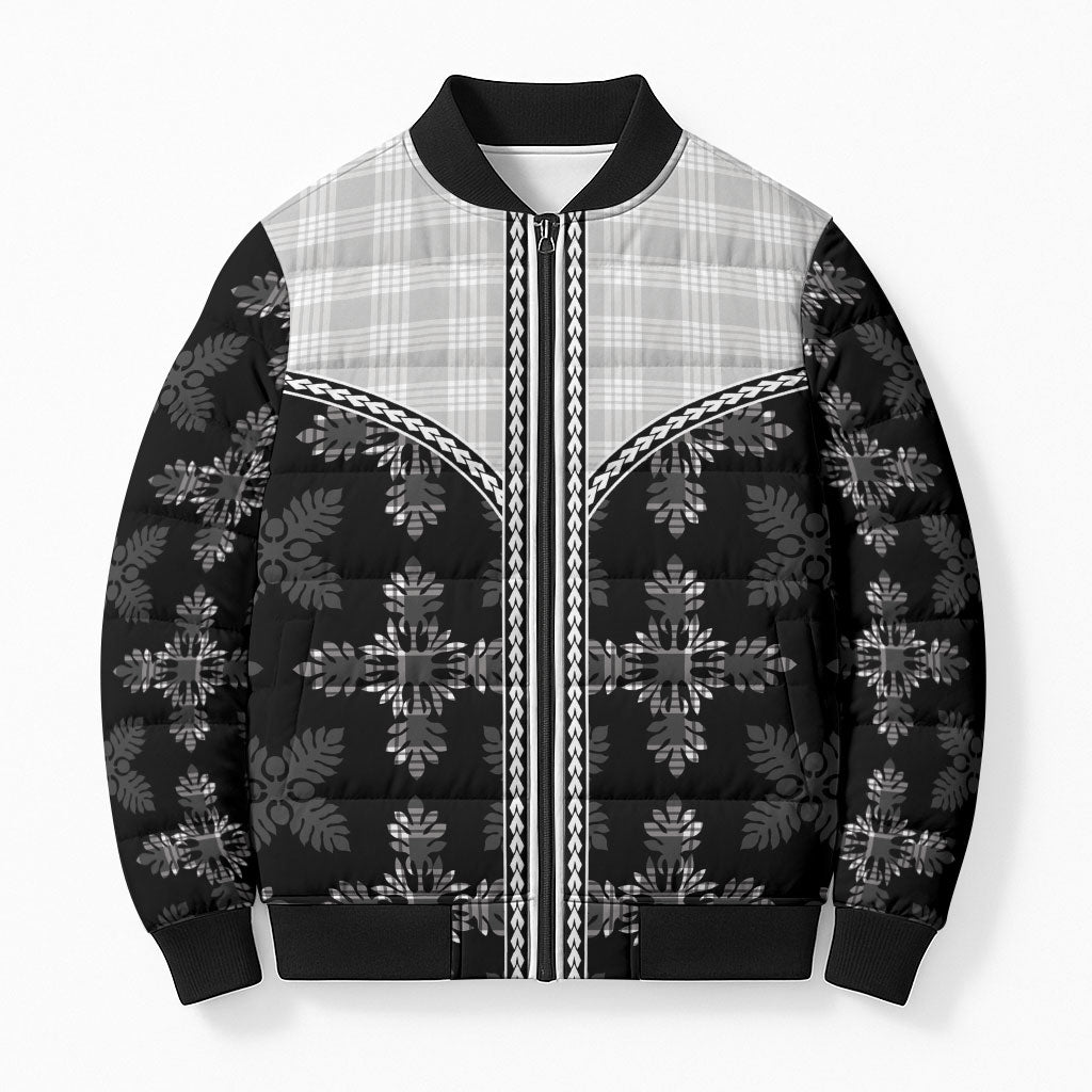 Black Hawaii Paniolo Quilt Motif Bomber Puffer Jacket