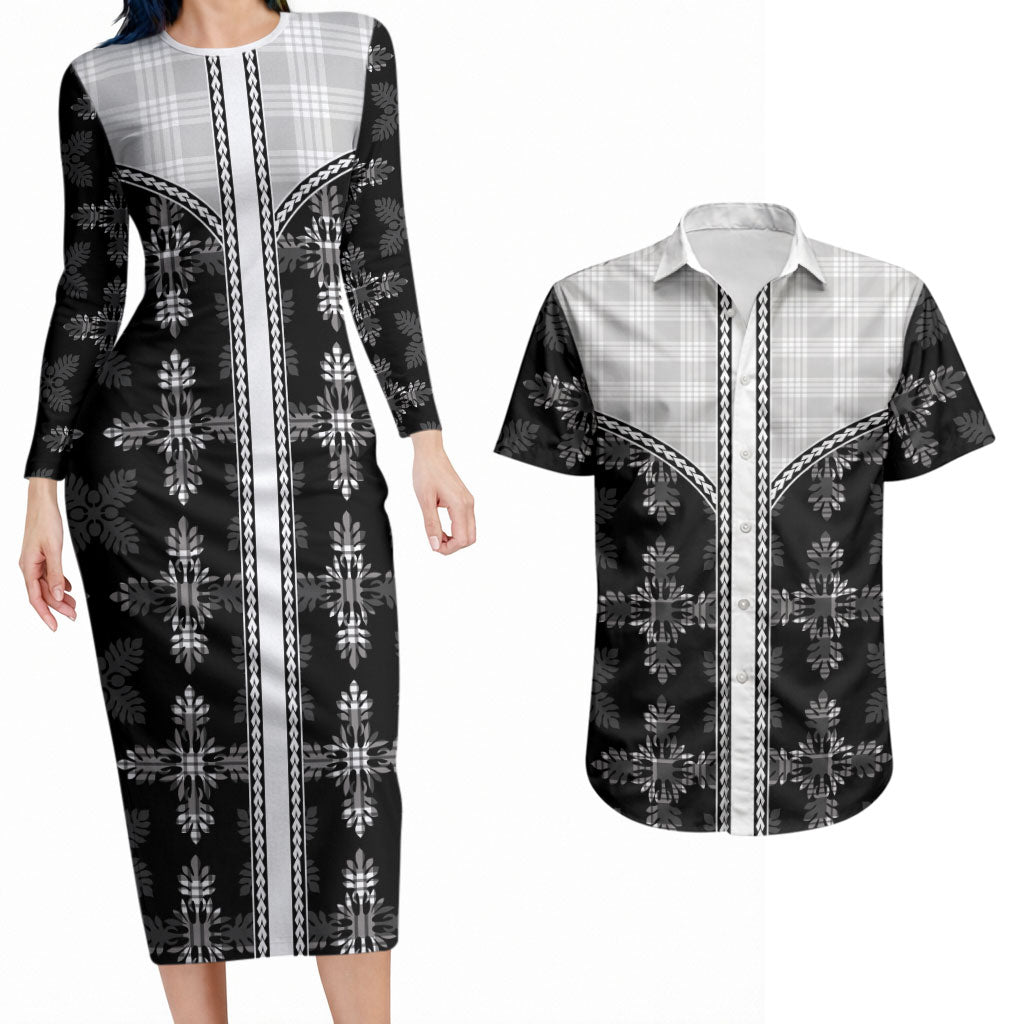 Black Hawaii Paniolo Quilt Motif Couples Matching Long Sleeve Bodycon Dress and Hawaiian Shirt