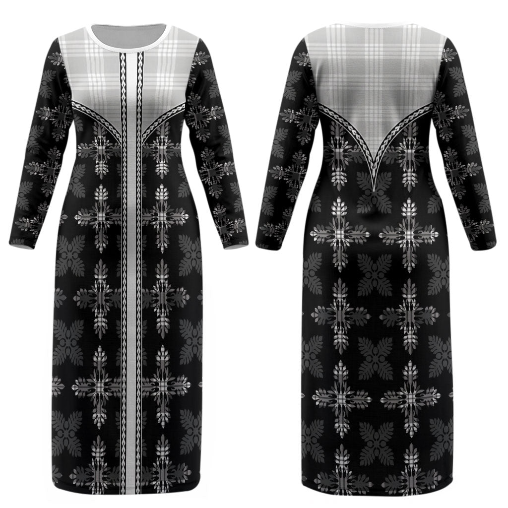 Black Hawaii Paniolo Quilt Motif Couples Matching Long Sleeve Bodycon Dress and Hawaiian Shirt