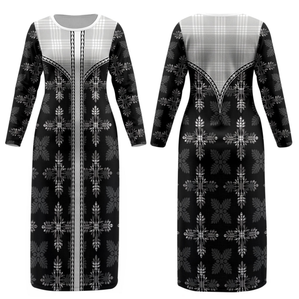 Black Hawaii Paniolo Quilt Motif Couples Matching Long Sleeve Bodycon Dress and Long Sleeve Button Shirt