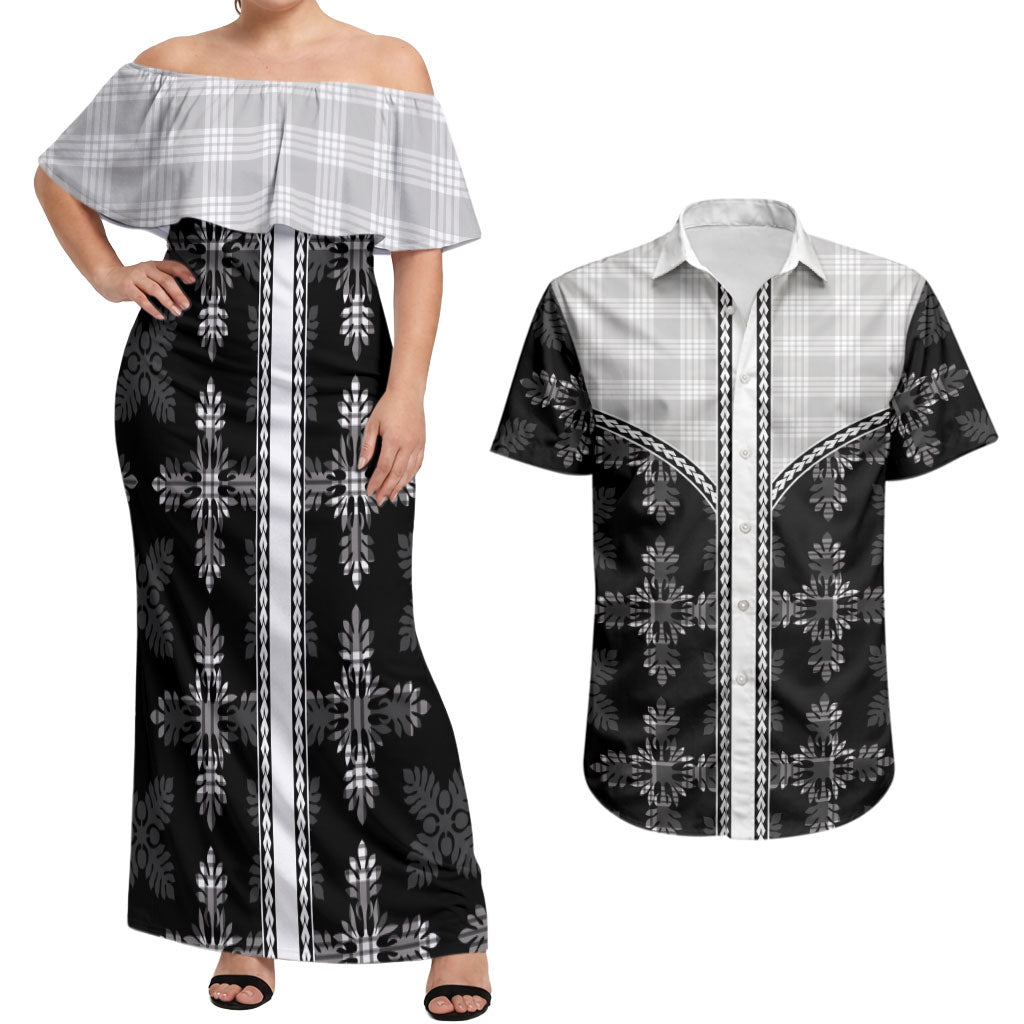 Black Hawaii Paniolo Quilt Motif Couples Matching Off Shoulder Maxi Dress and Hawaiian Shirt