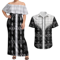 Black Hawaii Paniolo Quilt Motif Couples Matching Off Shoulder Maxi Dress and Hawaiian Shirt