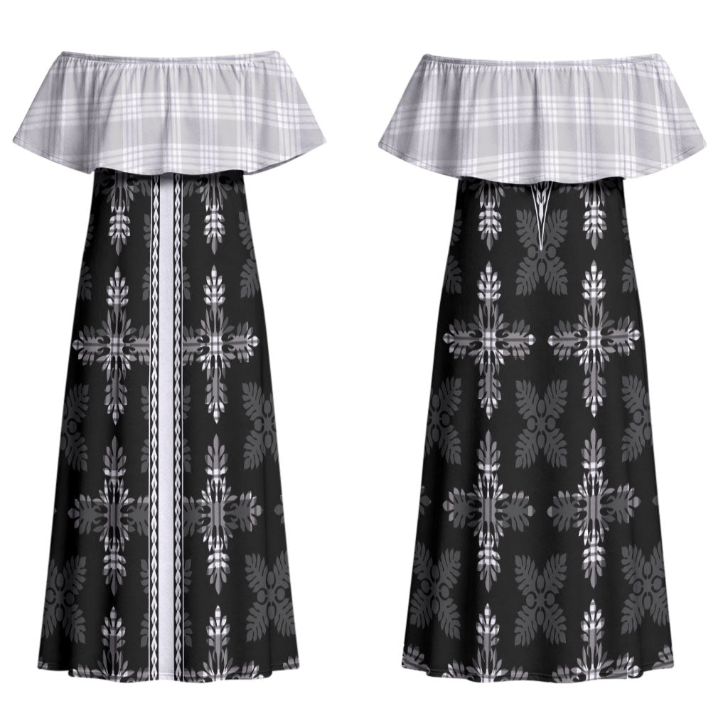 Black Hawaii Paniolo Quilt Motif Couples Matching Off Shoulder Maxi Dress and Hawaiian Shirt