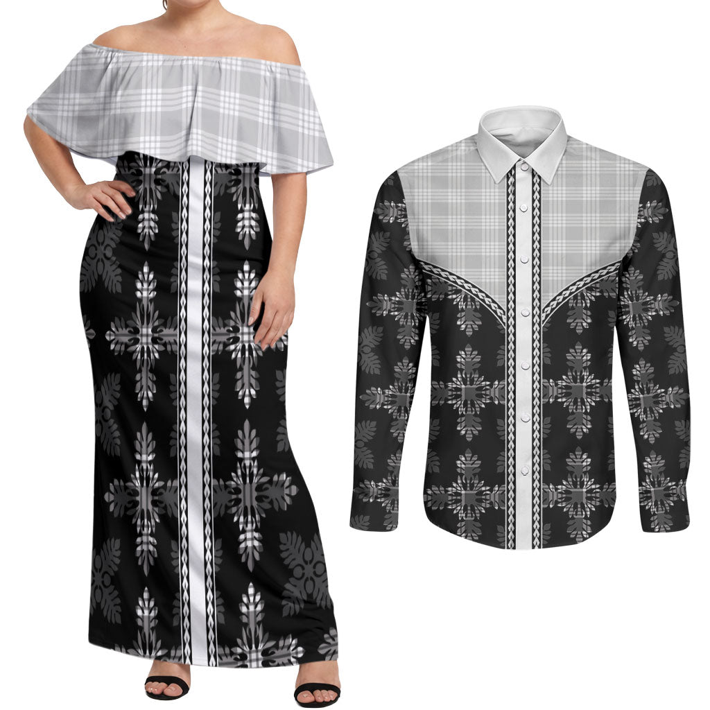 Black Hawaii Paniolo Quilt Motif Couples Matching Off Shoulder Maxi Dress and Long Sleeve Button Shirt LT05 Black - Polynesian Pride