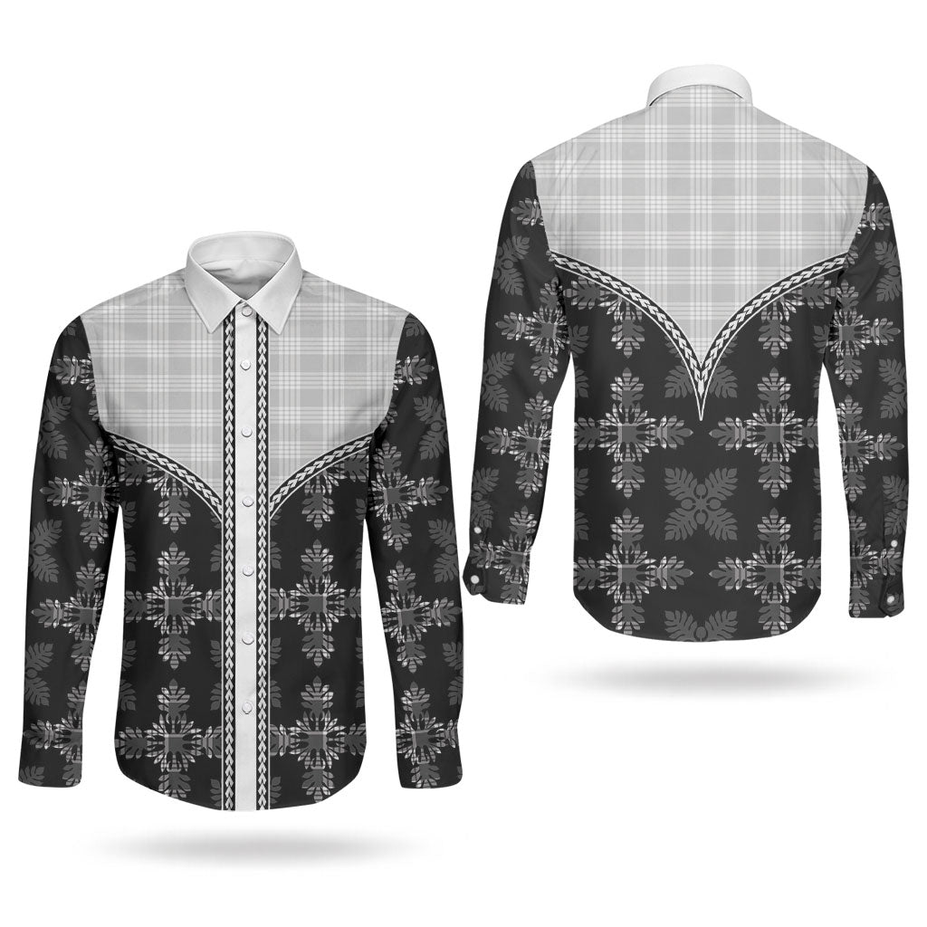 Black Hawaii Paniolo Quilt Motif Couples Matching Off Shoulder Maxi Dress and Long Sleeve Button Shirt