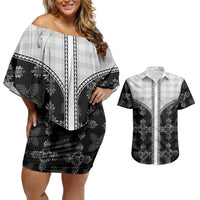 Black Hawaii Paniolo Quilt Motif Couples Matching Off Shoulder Short Dress and Hawaiian Shirt