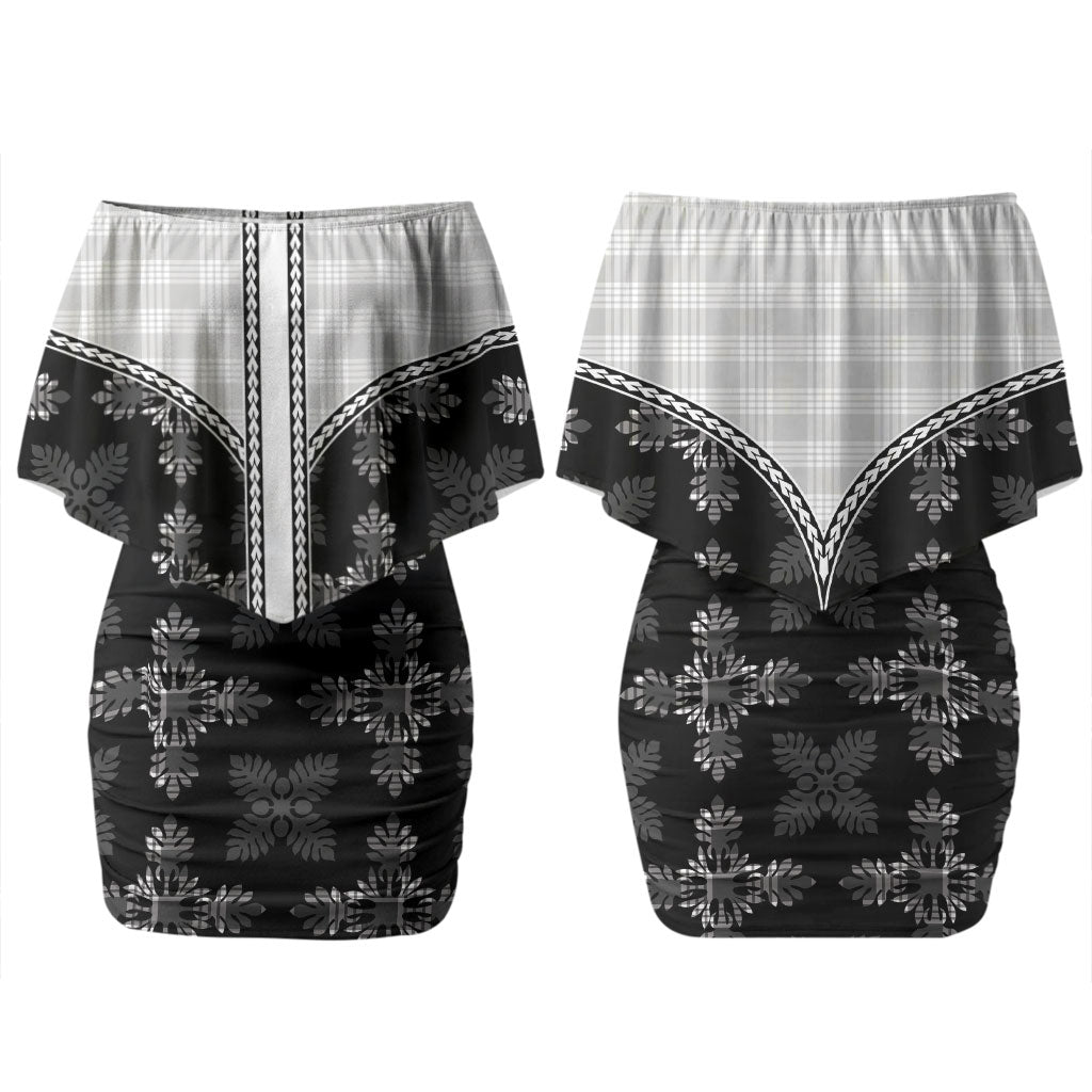 Black Hawaii Paniolo Quilt Motif Couples Matching Off Shoulder Short Dress and Hawaiian Shirt