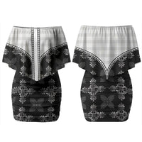 Black Hawaii Paniolo Quilt Motif Couples Matching Off Shoulder Short Dress and Hawaiian Shirt