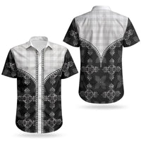 Black Hawaii Paniolo Quilt Motif Couples Matching Off Shoulder Short Dress and Hawaiian Shirt