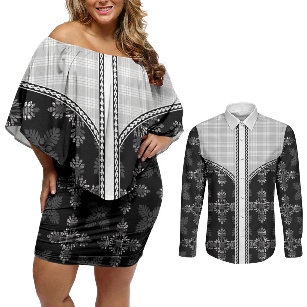 Black Hawaii Paniolo Quilt Motif Couples Matching Off Shoulder Short Dress and Long Sleeve Button Shirt