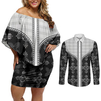 Black Hawaii Paniolo Quilt Motif Couples Matching Off Shoulder Short Dress and Long Sleeve Button Shirt