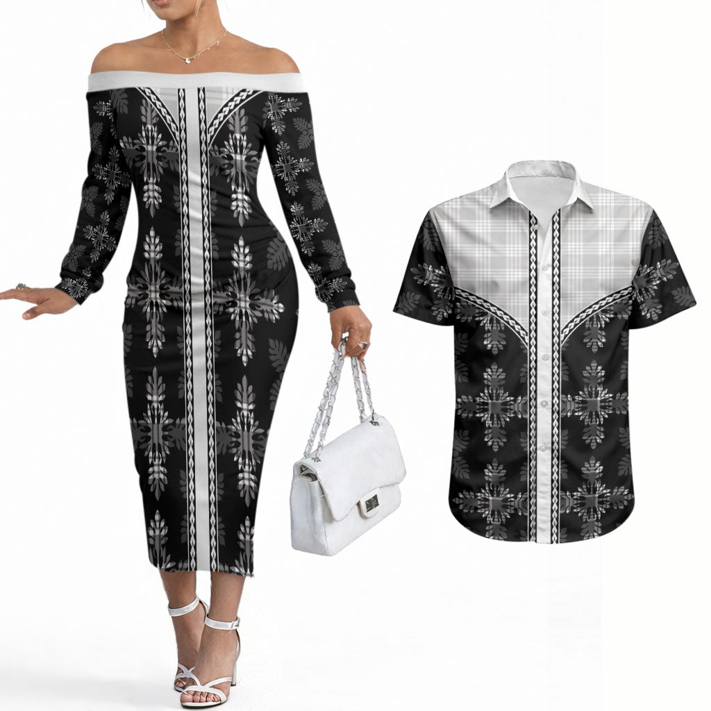 Black Hawaii Paniolo Quilt Motif Couples Matching Off The Shoulder Long Sleeve Dress and Hawaiian Shirt