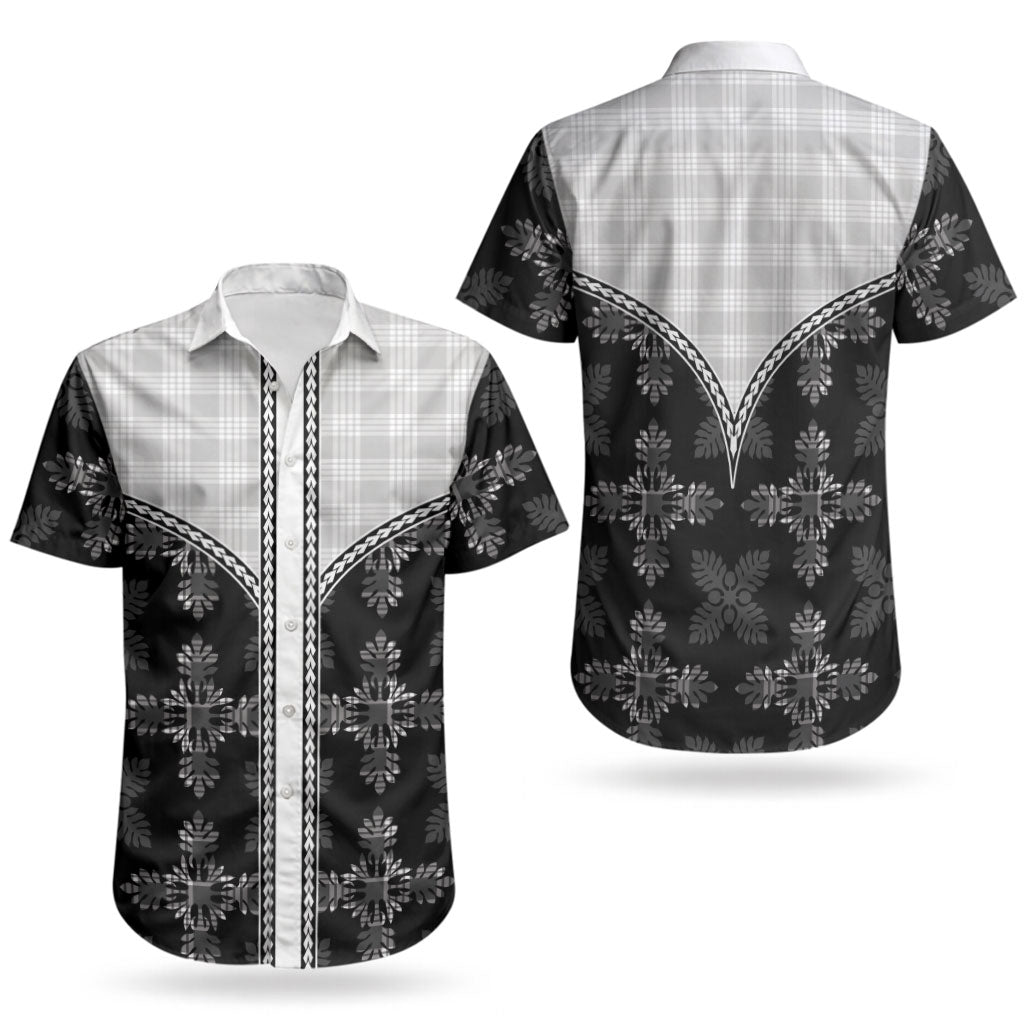 Black Hawaii Paniolo Quilt Motif Couples Matching Off The Shoulder Long Sleeve Dress and Hawaiian Shirt