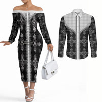 Black Hawaii Paniolo Quilt Motif Couples Matching Off The Shoulder Long Sleeve Dress and Long Sleeve Button Shirt