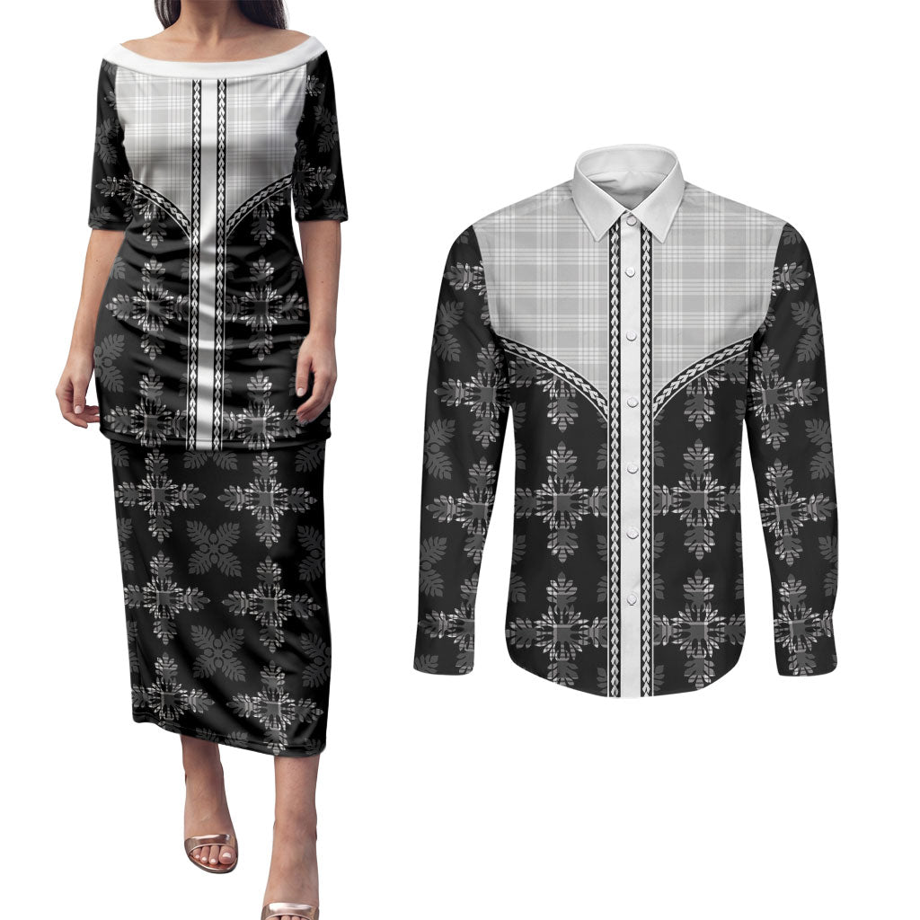 Black Hawaii Paniolo Quilt Motif Couples Matching Puletasi and Long Sleeve Button Shirt LT05 Black - Polynesian Pride