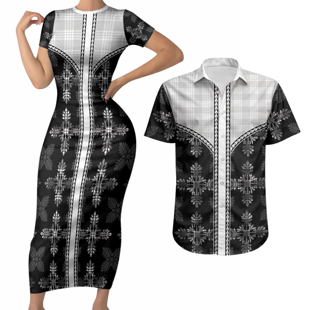 Black Hawaii Paniolo Quilt Motif Couples Matching Short Sleeve Bodycon Dress and Hawaiian Shirt