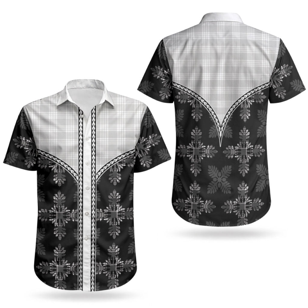 Black Hawaii Paniolo Quilt Motif Couples Matching Short Sleeve Bodycon Dress and Hawaiian Shirt