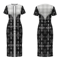 Black Hawaii Paniolo Quilt Motif Couples Matching Short Sleeve Bodycon Dress and Hawaiian Shirt