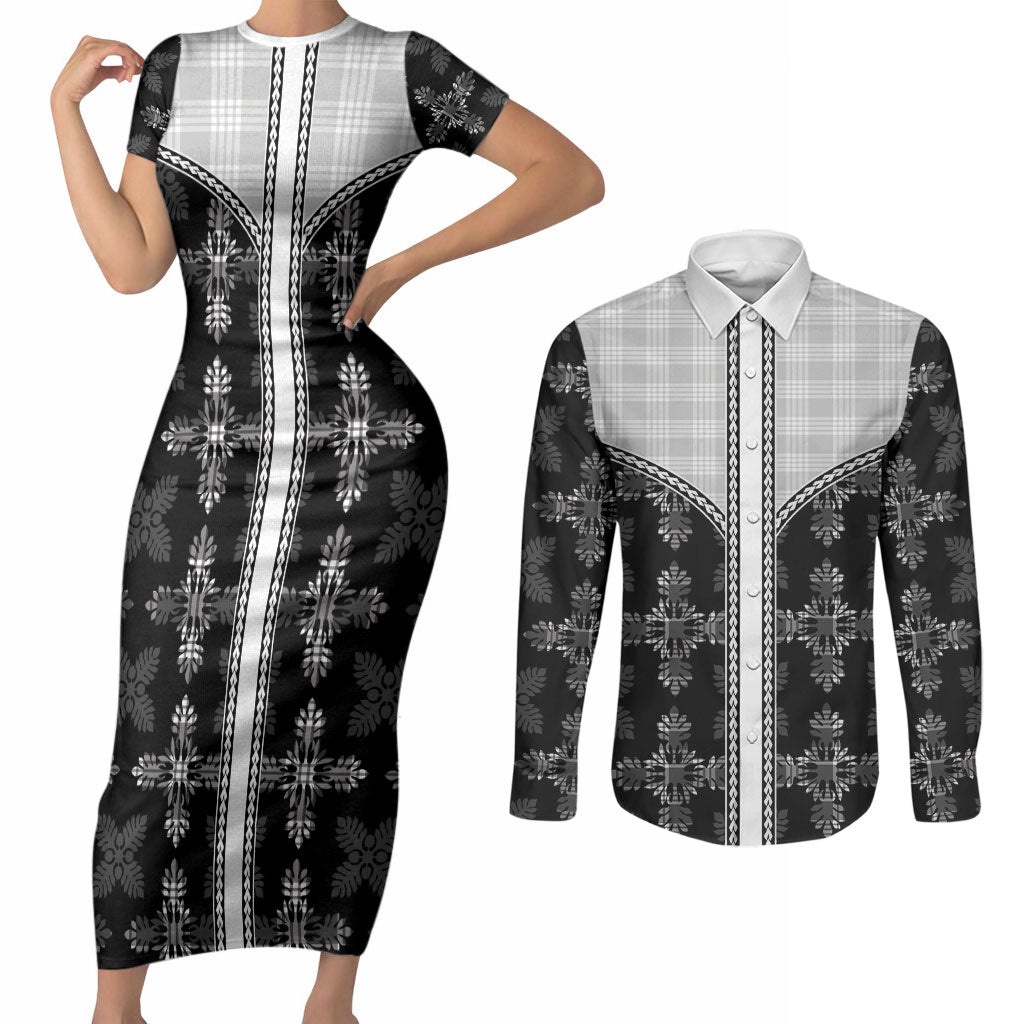 Black Hawaii Paniolo Quilt Motif Couples Matching Short Sleeve Bodycon Dress and Long Sleeve Button Shirt