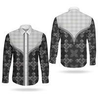 Black Hawaii Paniolo Quilt Motif Couples Matching Short Sleeve Bodycon Dress and Long Sleeve Button Shirt