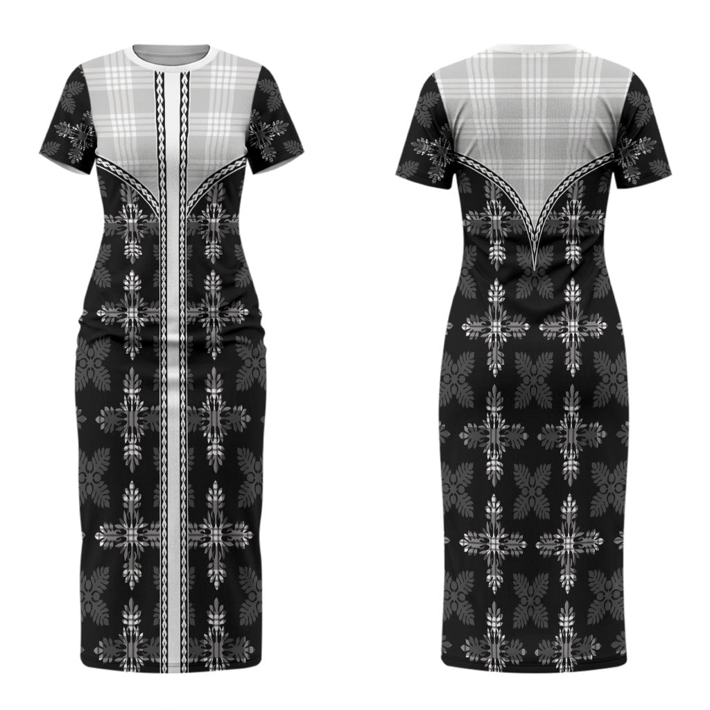 Black Hawaii Paniolo Quilt Motif Couples Matching Short Sleeve Bodycon Dress and Long Sleeve Button Shirt