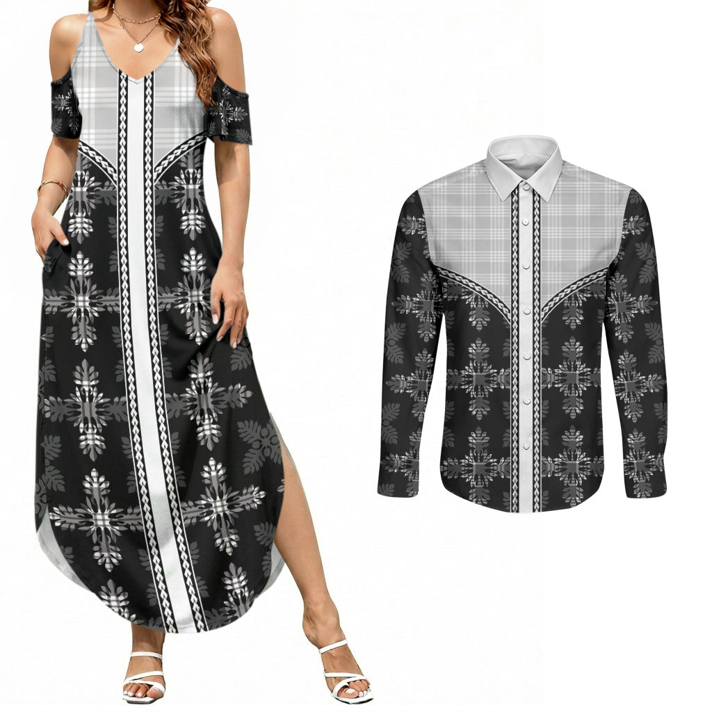 Black Hawaii Paniolo Quilt Motif Couples Matching Summer Maxi Dress and Long Sleeve Button Shirt