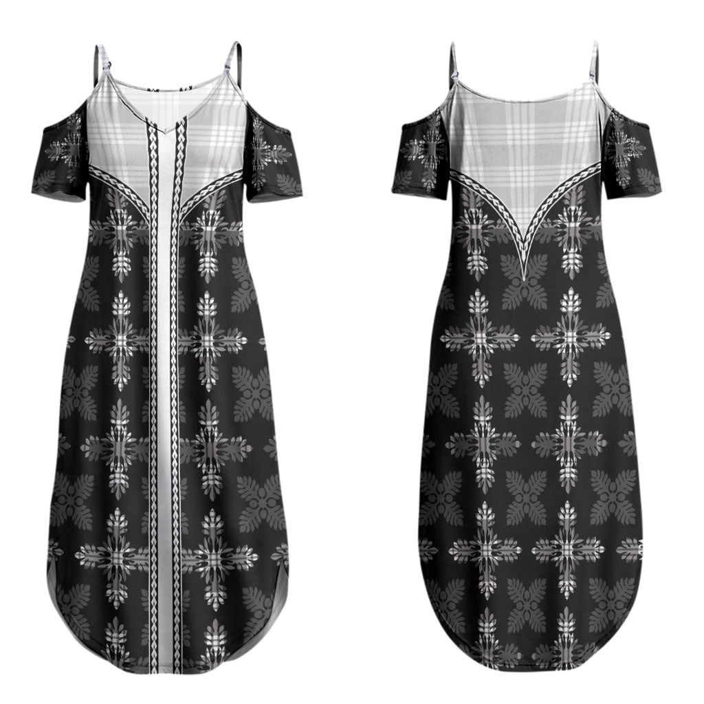 Black Hawaii Paniolo Quilt Motif Couples Matching Summer Maxi Dress and Long Sleeve Button Shirt