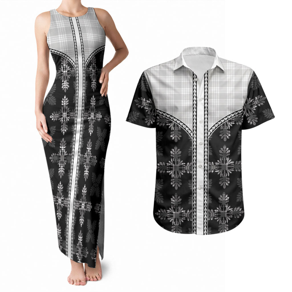 Black Hawaii Paniolo Quilt Motif Couples Matching Tank Maxi Dress and Hawaiian Shirt