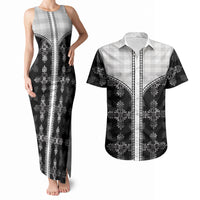 Black Hawaii Paniolo Quilt Motif Couples Matching Tank Maxi Dress and Hawaiian Shirt