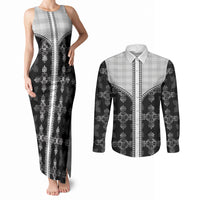 Black Hawaii Paniolo Quilt Motif Couples Matching Tank Maxi Dress and Long Sleeve Button Shirt