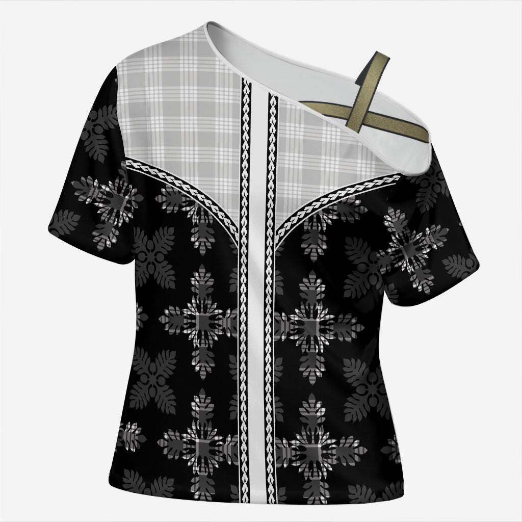 Black Hawaii Paniolo Quilt Motif Cross Shoulder Shirt