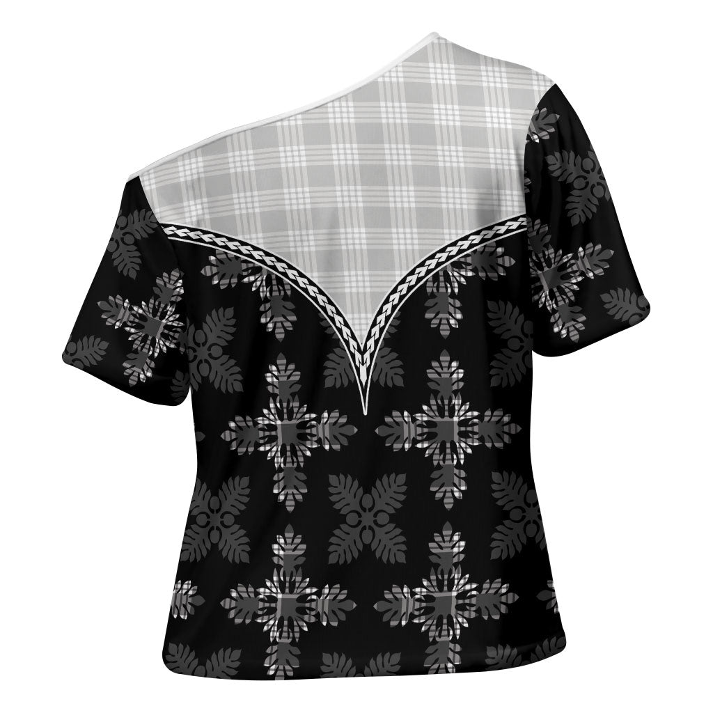 Black Hawaii Paniolo Quilt Motif Cross Shoulder Shirt