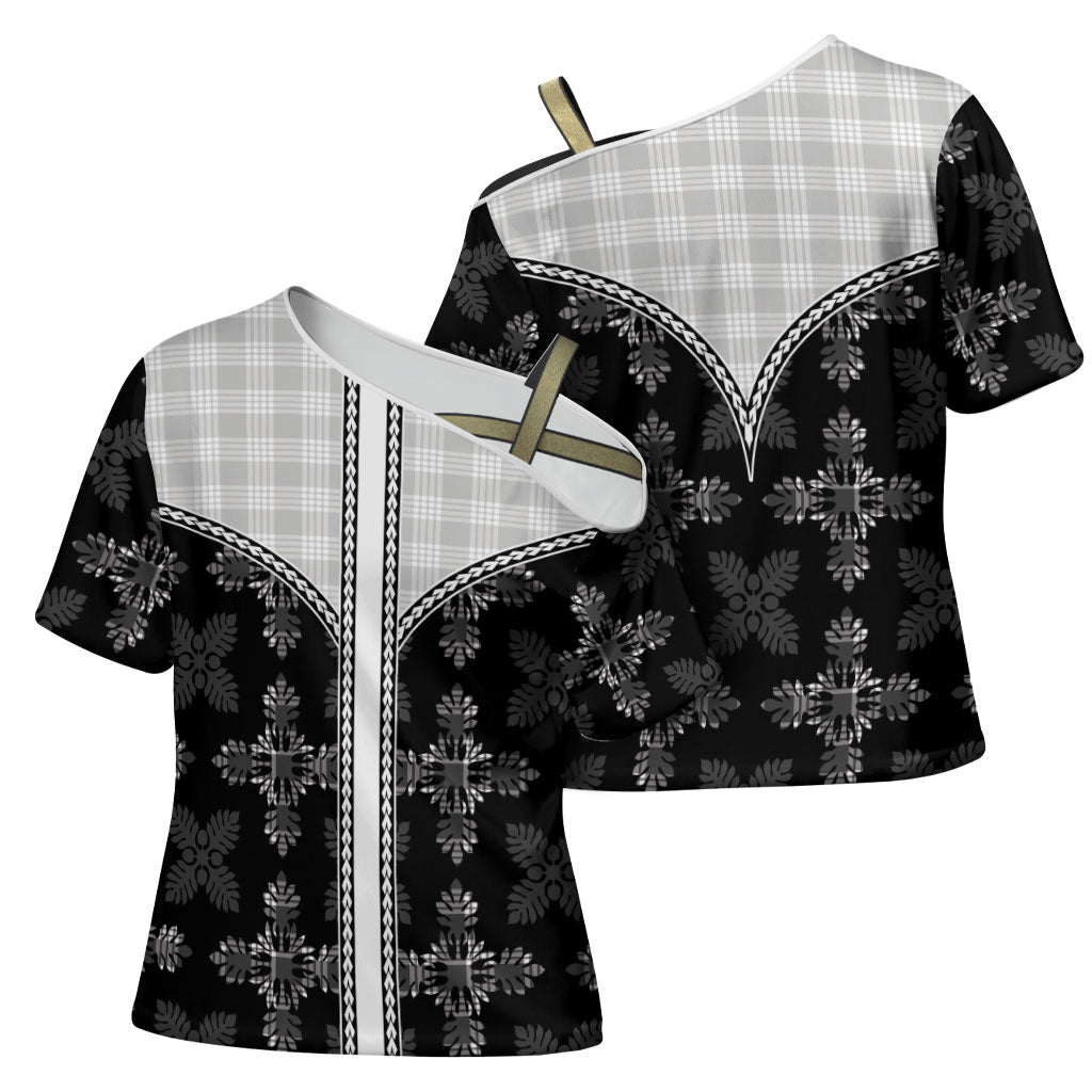 Black Hawaii Paniolo Quilt Motif Cross Shoulder Shirt