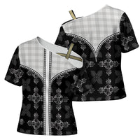 Black Hawaii Paniolo Quilt Motif Cross Shoulder Shirt