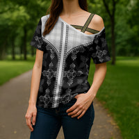 Black Hawaii Paniolo Quilt Motif Cross Shoulder Shirt