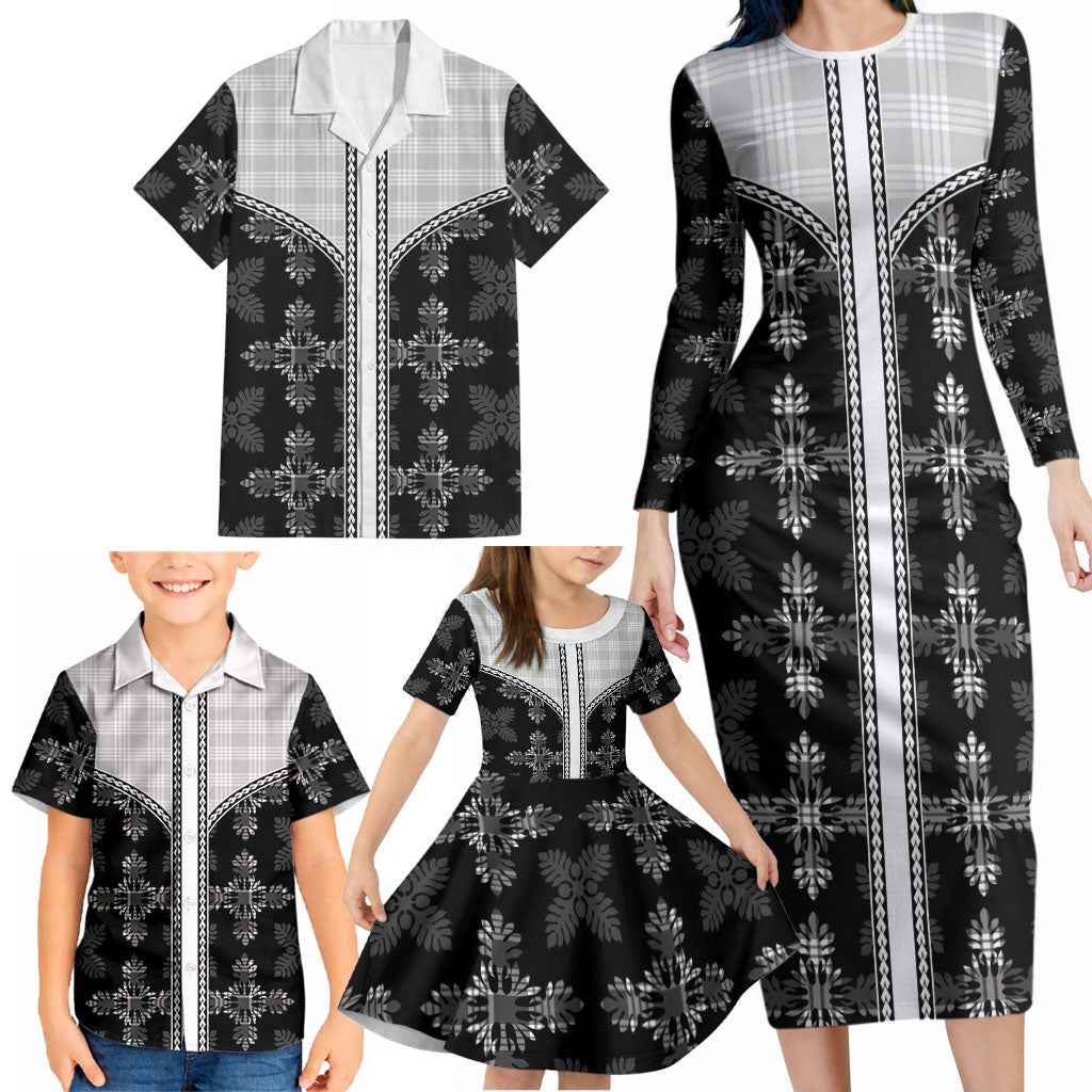 Black Hawaii Paniolo Quilt Motif Family Matching Long Sleeve Bodycon Dress and Hawaiian Shirt