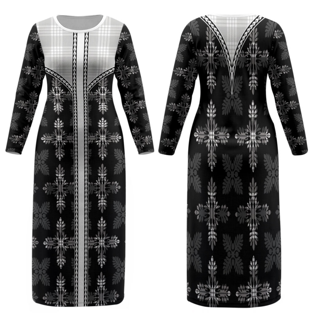 Black Hawaii Paniolo Quilt Motif Family Matching Long Sleeve Bodycon Dress and Hawaiian Shirt