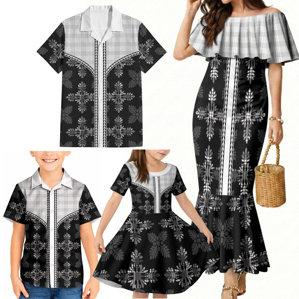 Black Hawaii Paniolo Quilt Motif Family Matching Mermaid Dress and Hawaiian Shirt