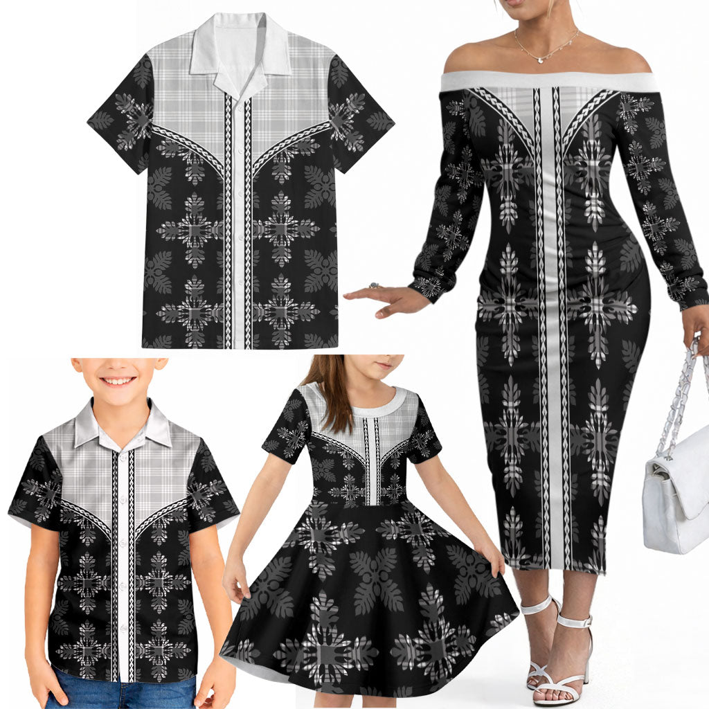 Black Hawaii Paniolo Quilt Motif Family Matching Off The Shoulder Long Sleeve Dress and Hawaiian Shirt