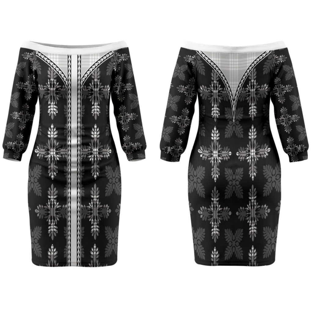 Black Hawaii Paniolo Quilt Motif Family Matching Off The Shoulder Long Sleeve Dress and Hawaiian Shirt