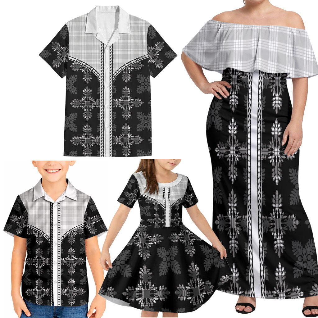 Black Hawaii Paniolo Quilt Motif Family Matching Off Shoulder Maxi Dress and Hawaiian Shirt