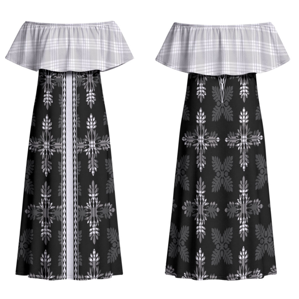 Black Hawaii Paniolo Quilt Motif Family Matching Off Shoulder Maxi Dress and Hawaiian Shirt
