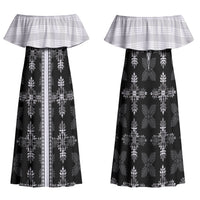 Black Hawaii Paniolo Quilt Motif Family Matching Off Shoulder Maxi Dress and Hawaiian Shirt